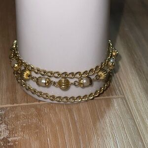 Vintage gold tone 3 strand Chain Bracelet with faux Pearl Accents